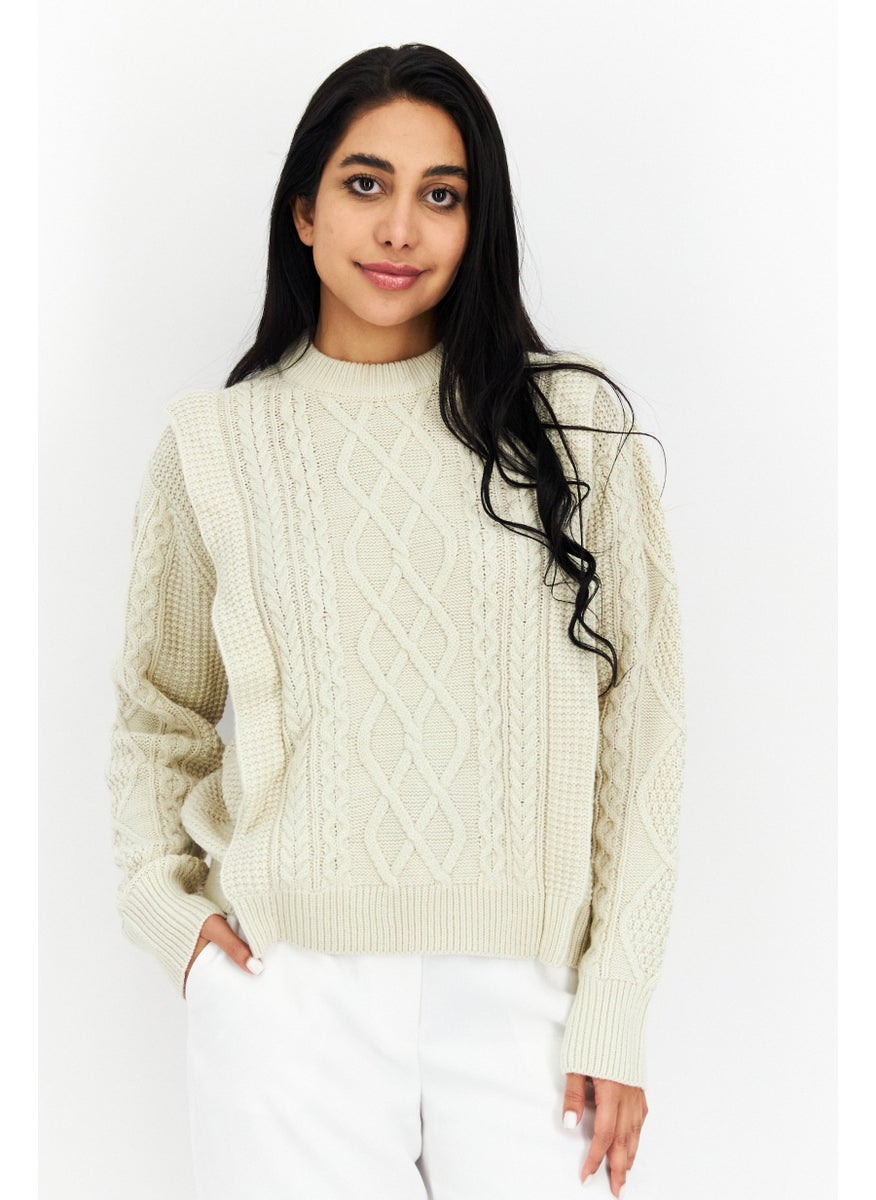 Aqua - Women Crew Neck Textured Sweater, Beige - Image 1