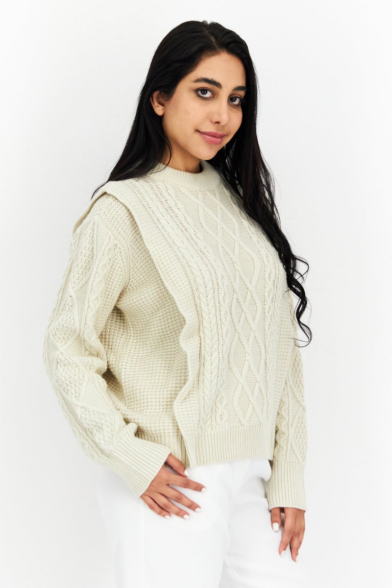 Aqua سويت شيرت نسائي بياقة دائرية بتصميم محبوك، بيج - Image 4