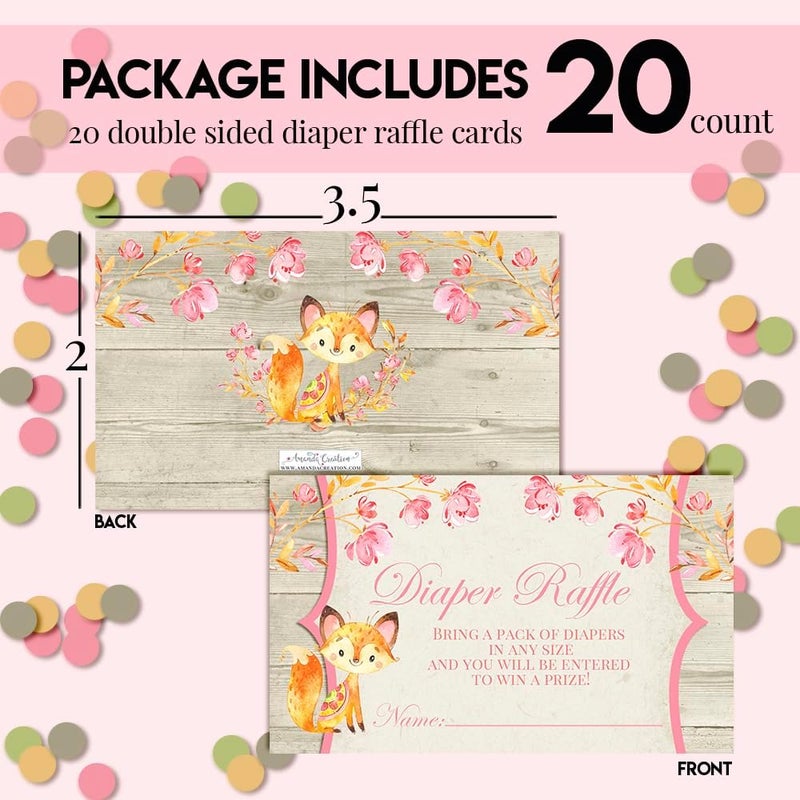 Amanda Creation Watercolor Floral Woodland FoxThemed Diaper Raffle Tickets for Girl Baby Showers 20 2 X 3 Double Sided Inserts Bring a Pack of Diapers to Win Favors  Prizes - Image 3