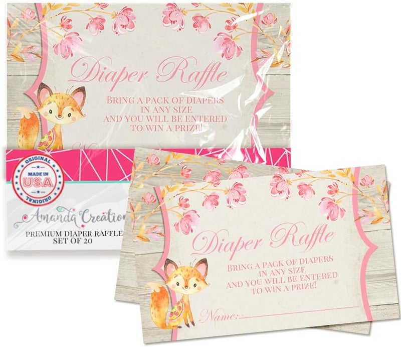 Amanda Creation Watercolor Floral Woodland FoxThemed Diaper Raffle Tickets for Girl Baby Showers 20 2 X 3 Double Sided Inserts Bring a Pack of Diapers to Win Favors  Prizes - Image 1