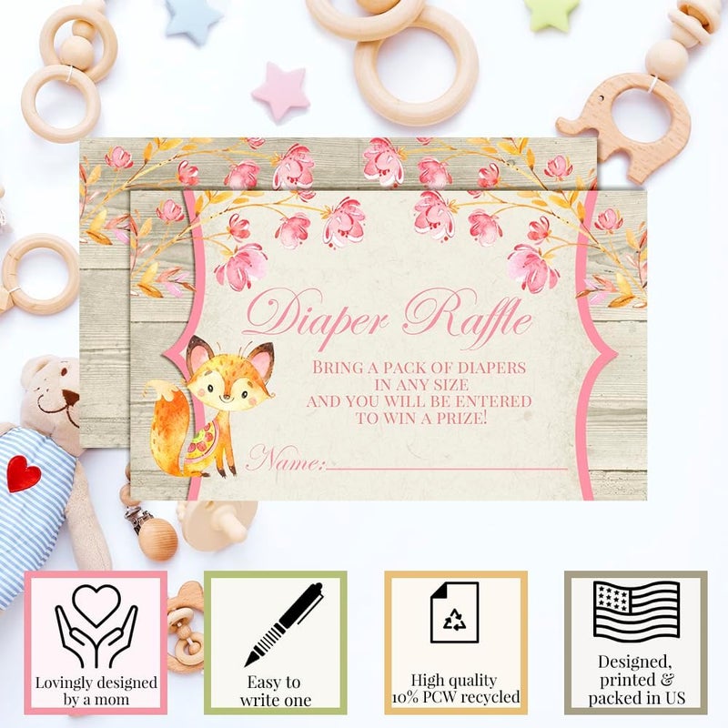 Amanda Creation Watercolor Floral Woodland FoxThemed Diaper Raffle Tickets for Girl Baby Showers 20 2 X 3 Double Sided Inserts Bring a Pack of Diapers to Win Favors  Prizes - Image 2