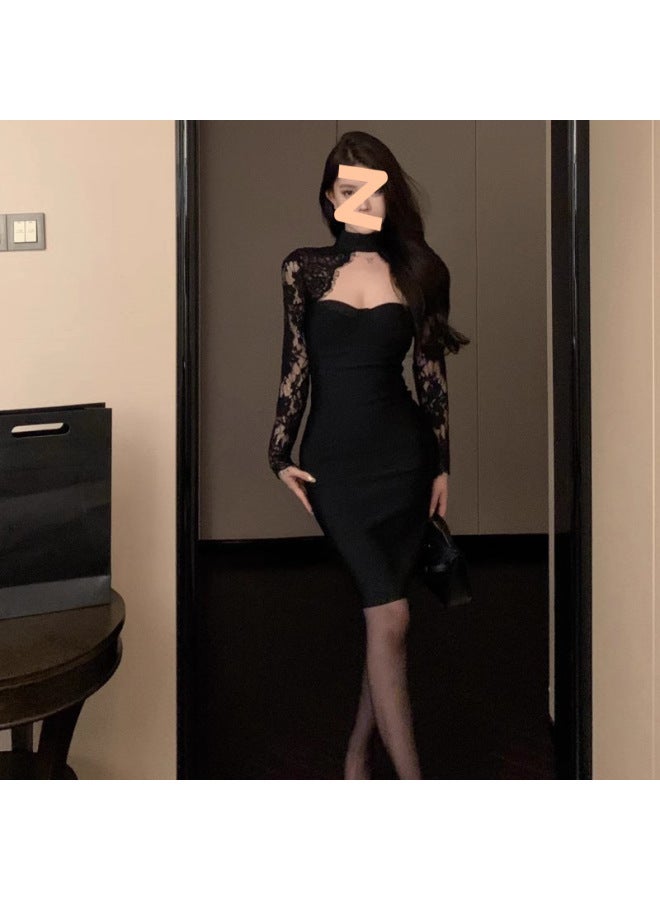 Black Lace Half-high Neck Hollow Long-sleeved Dress Autumn Winter Fashion Tight Hip Short Skirt