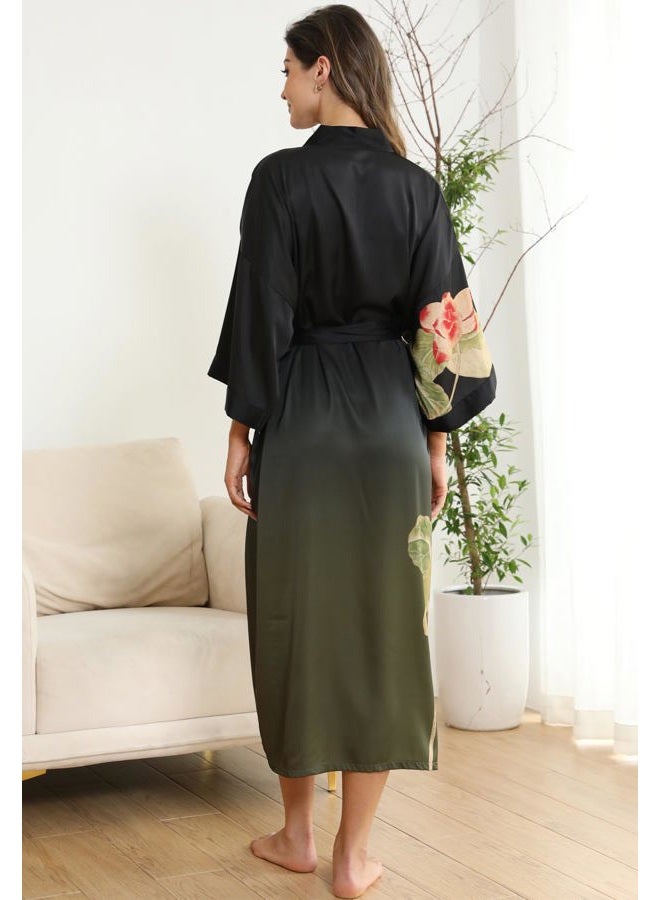 Kihnop Women's Long Kimono Robes Floral Long Satin Robes Long Silk Robes Silky Bathrobes Sleepwear One Size, Lotus Flower, One size - Image 4