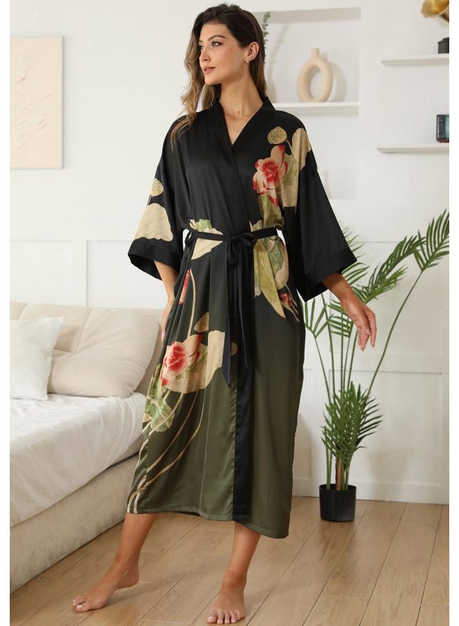 Kihnop Women's Long Kimono Robes Floral Long Satin Robes Long Silk Robes Silky Bathrobes Sleepwear One Size, Lotus Flower, One size - Image 3