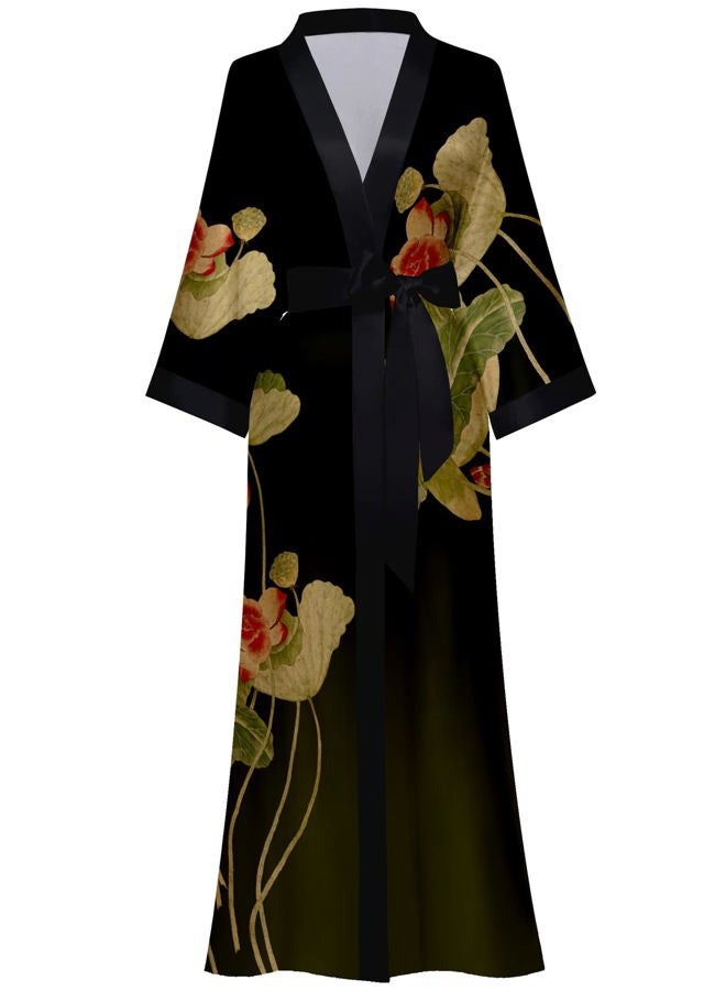 Kihnop Women's Long Kimono Robes Floral Long Satin Robes Long Silk Robes Silky Bathrobes Sleepwear One Size, Lotus Flower, One size - Image 1