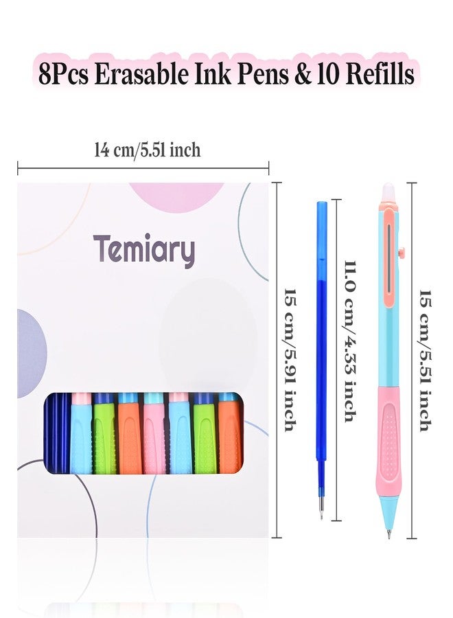 Temiary 8 Pcs Aesthetic Retractable Erasable Gel Pens & 10 Pcs Extra Refills, Ink Pen with Eraser, 0.5 mm Fine Point Smooth Writing for Students School Office Supplies (Blue Ink) - Image 2