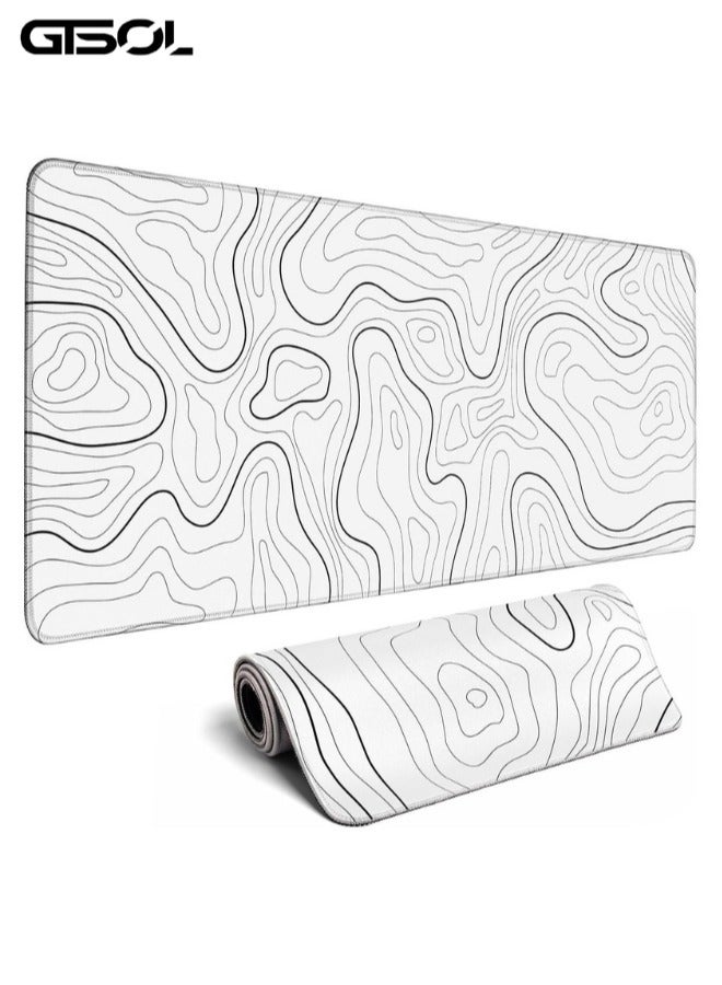 GTSOL Large Gaming Mouse Pad with Stitched Edges, Minimalist Topographic Map Desk Mat, Extended XL Mousepad with Anti-Slip Base, Cool Desk Pad for Keyboard and Mouse, 31.5 x 11.8 in, White