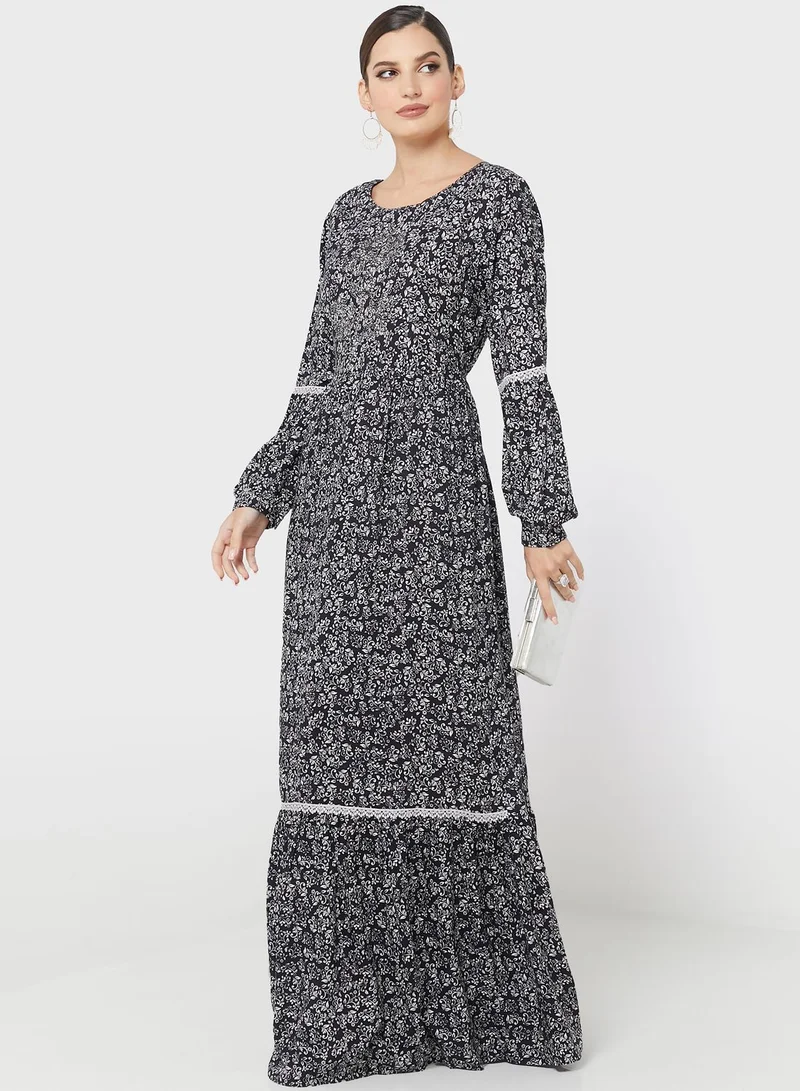 KASHKHA Lace Insert Printed Jalabiya
