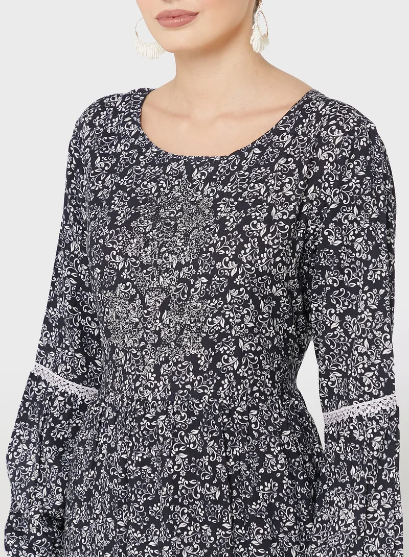 KASHKHA Lace Insert Printed Jalabiya