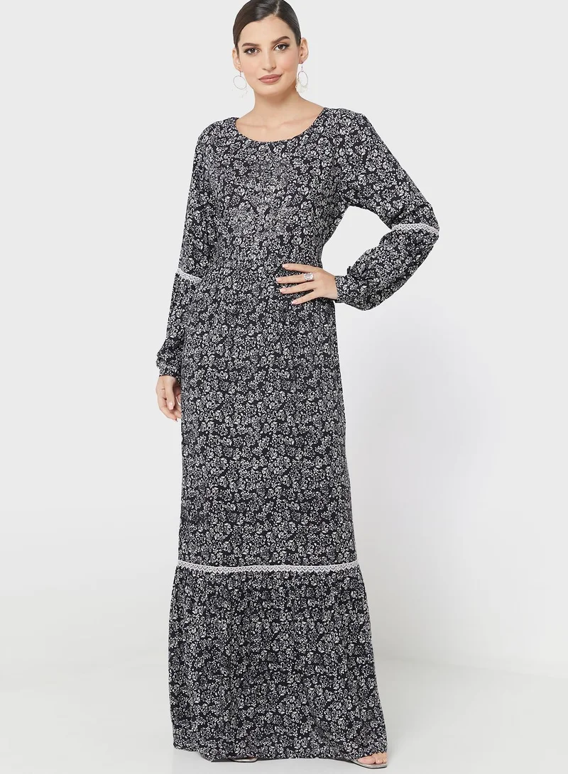 KASHKHA Lace Insert Printed Jalabiya