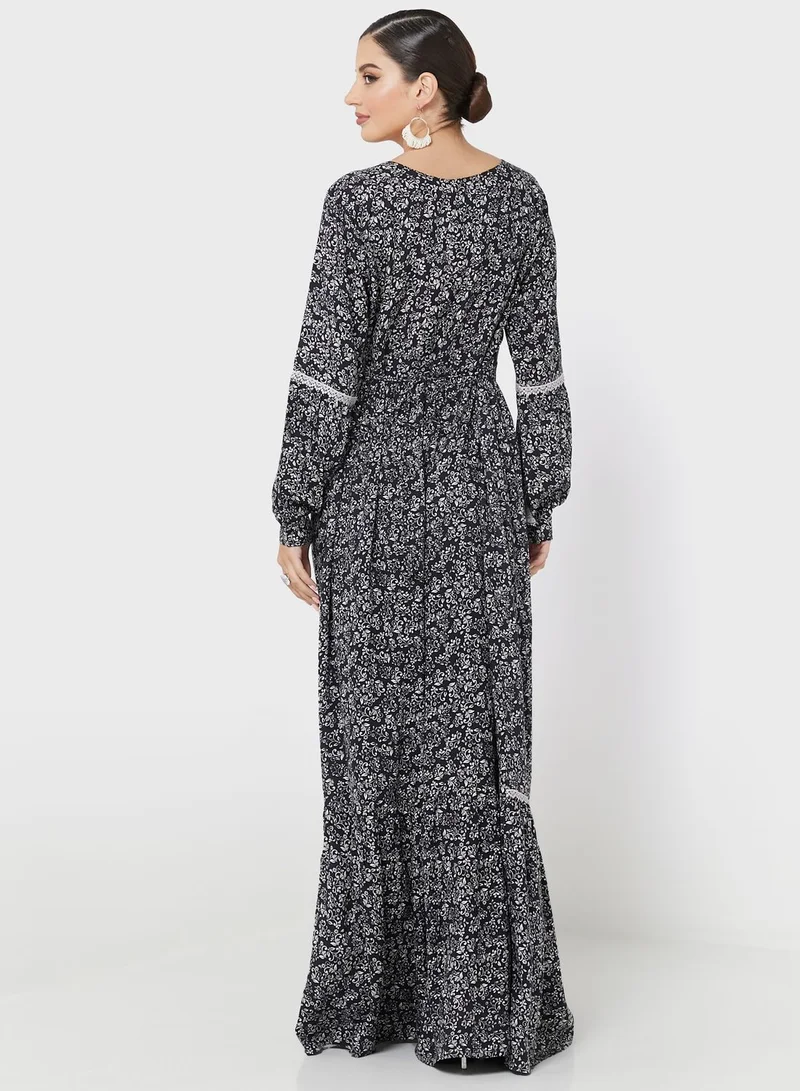 KASHKHA Lace Insert Printed Jalabiya