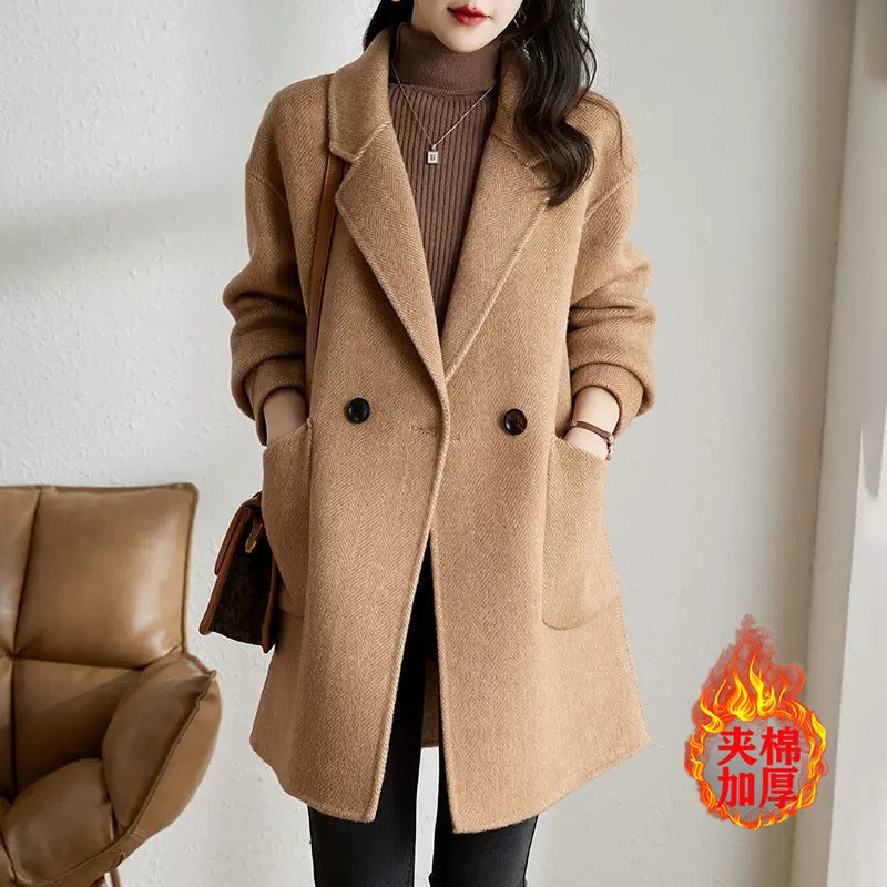 G Woolen Coat Women'S 2025 Korean Style Elegant Thickened Mid-Length Herringbone Woolen Coat Coat - Image 1