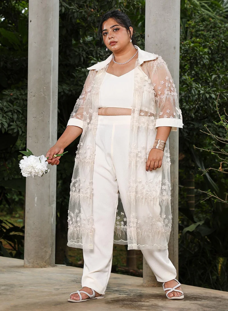 Instafab Plus Instafab Plus Women's Powder White Applique Flora Co-Ord Set For Ethnic Wear | V-Neck, Quarter Cuffed Sleeves | Floral Applique Fabric | 3 Piece Co-Ords For Evening & Party Wear