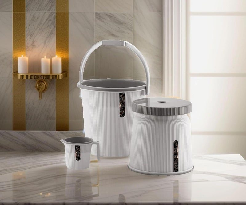 Nabhya Combo of 3 pcs Bathroom Accessories Set Plastic Bathroom Set with 20Ltr Plastic Bucket, Small Mug and Big Stool for Home, Kitchen & Bathroom (Grey) - Image 1
