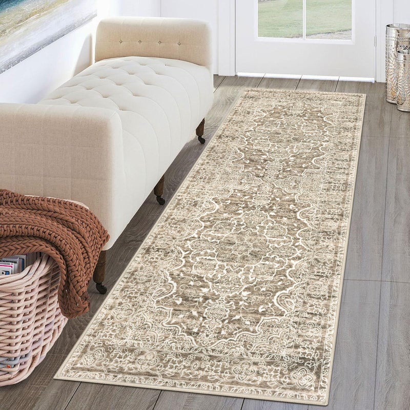 KUTA Runners for Hallways 2x6 Beige Brown, Vintage Floral Kitchen Rugs Non-Slip Washable Runner Ultra Soft Printed Retro Distressed Entryway Carpet for Bedroom Laundry Nursery - Image 1