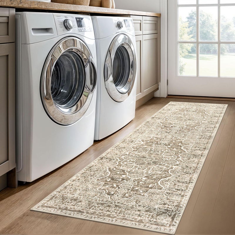 KUTA Runners for Hallways 2x6 Beige Brown, Vintage Floral Kitchen Rugs Non-Slip Washable Runner Ultra Soft Printed Retro Distressed Entryway Carpet for Bedroom Laundry Nursery - Image 3