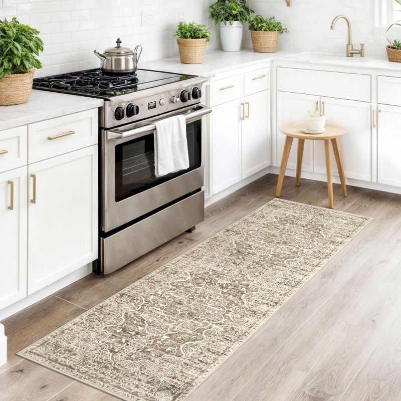 KUTA Runners for Hallways 2x6 Beige Brown, Vintage Floral Kitchen Rugs Non-Slip Washable Runner Ultra Soft Printed Retro Distressed Entryway Carpet for Bedroom Laundry Nursery - Image 2