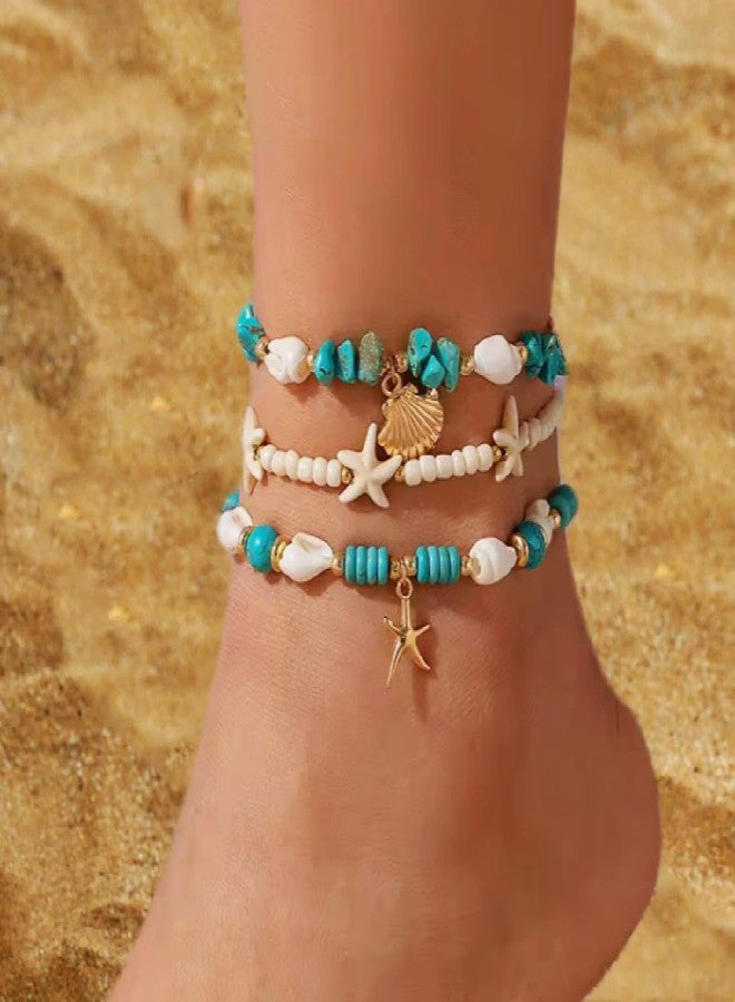yfstyle 3Pcs Boho Beach Ankle Bracelets Summer Ocean Starfish Seashell Anklets for Women Waterproof Turquoise Beads Anklets Bracelets Set Adjustable Boho Foot Ocean Jewelry Gifts Scallop - Image 2