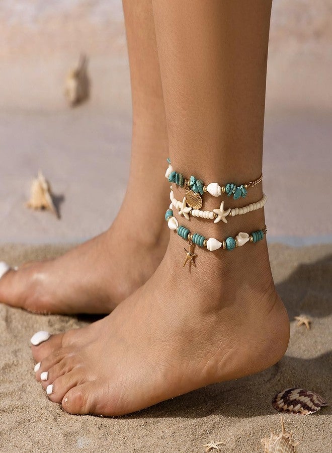 yfstyle 3Pcs Boho Beach Ankle Bracelets Summer Ocean Starfish Seashell Anklets for Women Waterproof Turquoise Beads Anklets Bracelets Set Adjustable Boho Foot Ocean Jewelry Gifts Scallop - Image 4