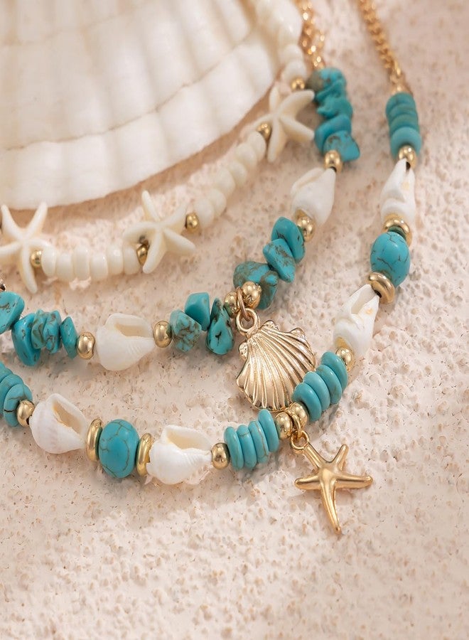 yfstyle 3Pcs Boho Beach Ankle Bracelets Summer Ocean Starfish Seashell Anklets for Women Waterproof Turquoise Beads Anklets Bracelets Set Adjustable Boho Foot Ocean Jewelry Gifts Scallop - Image 5