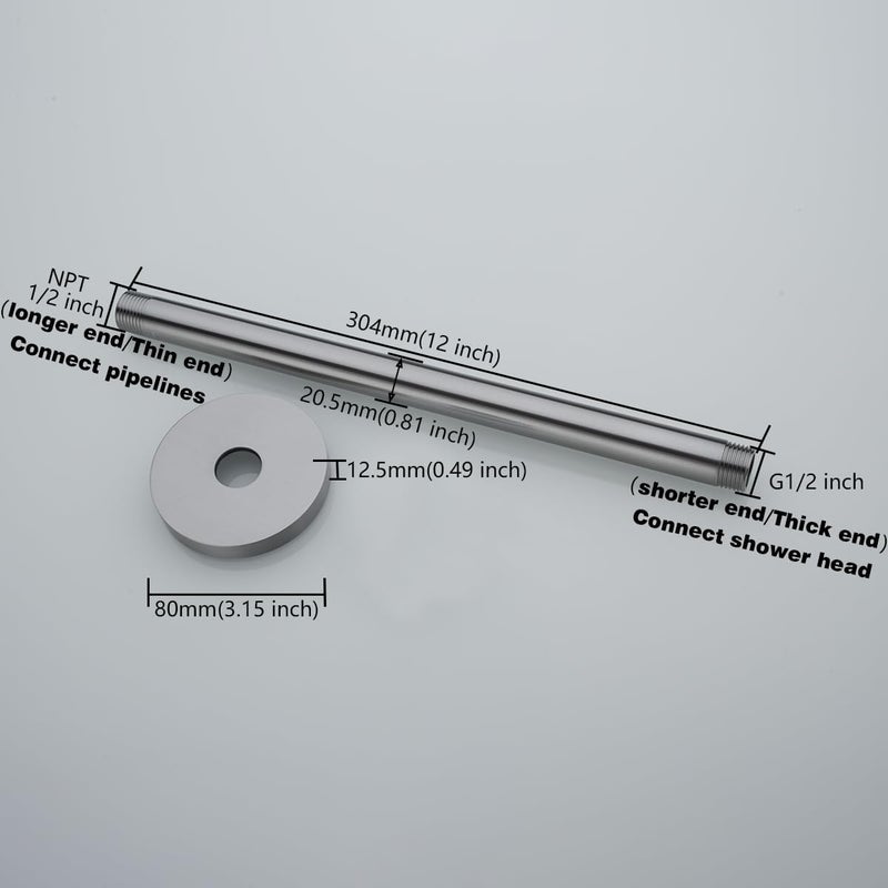 Random Brushed Nickel Shower Arm with Flange 12 Inches Ceiling Mount Shower Head Extension Straight Arm Ceiling-Mounted For Fixed Shower Head.RD-91038-12BN - Image 1