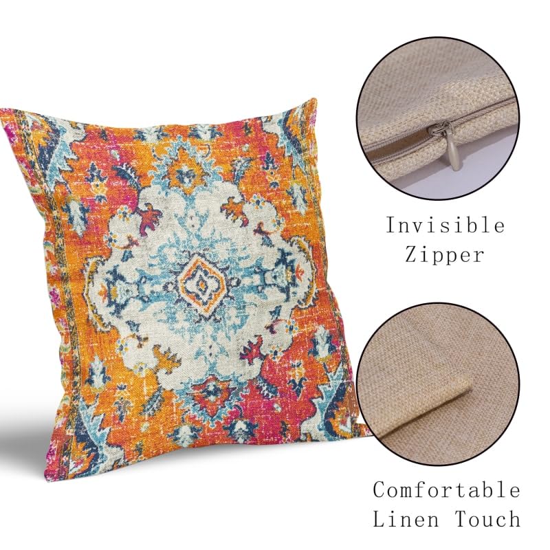 aportt Orange Teal Boho Vintage Pillow Covers 18X18 Inch Bohemian Carpet Print Decorative Pillow Cases Antique Ethnic Indian Rust Throw Pillows Set of 2 Farmhouse Home Decor For Sofa Couch Porch Outdoor - Image 3