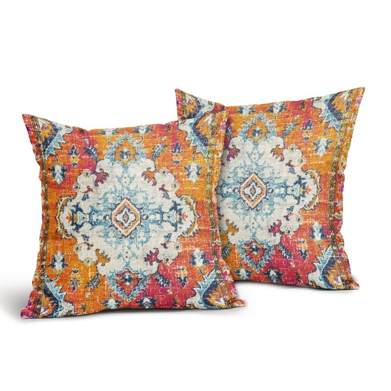 aportt Orange Teal Boho Vintage Pillow Covers 18X18 Inch Bohemian Carpet Print Decorative Pillow Cases Antique Ethnic Indian Rust Throw Pillows Set of 2 Farmhouse Home Decor For Sofa Couch Porch Outdoor - Image 2