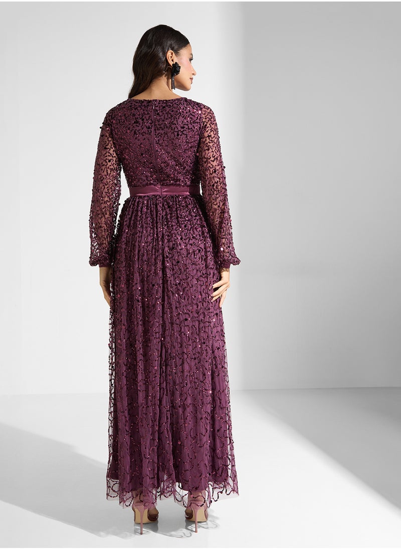 Maya Embellished Mesh Detail  V-Neck Tiered  Dress  - Image 2