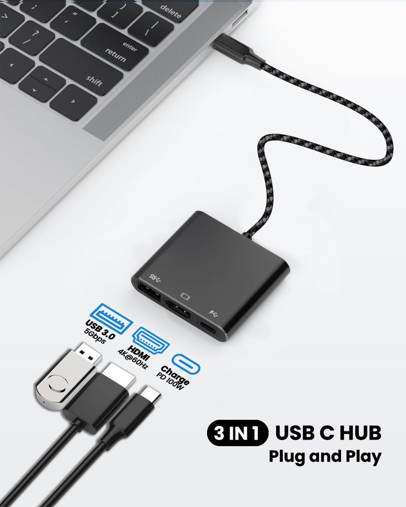Battony USB C Multiport AV Adapter with 4K HDTV Output USB 3.0 Port, Blcak 50cm Braided Cable & USB-C Fasting Charging Port,Compatible for MacBook Pro Air M1 M2 Pad Pro iMac and Other Type C Devices - Image 2