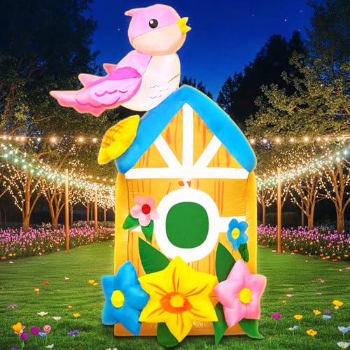 KOOY 5FT Spring Inflatable Bird House Outdoor Decorations Blow up Yard Decor Builtin LED Lights for Spring Easter Yard Garden Lawn Party - Image 1
