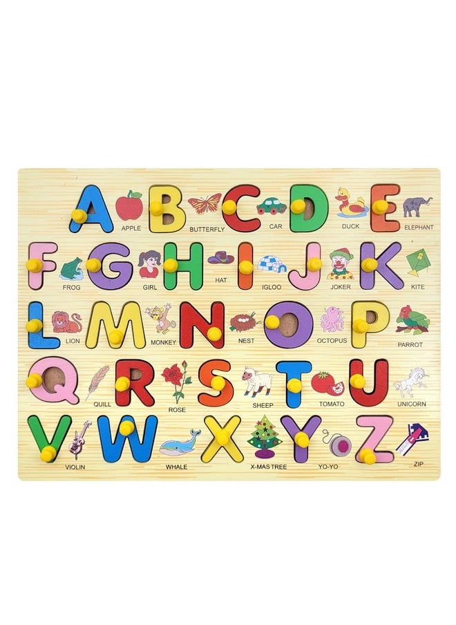 Little Genius Wooden Uppercase Alphabet With Object Puzzle - Fun Learning Educational Toy | Knobbed | Multicolor | Puzzle Tray For Kids 
