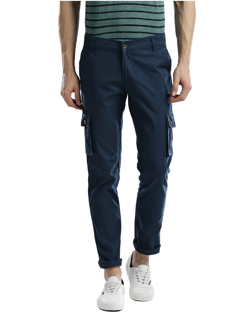 Hubberholme Navy Blue Slim Fit Solid Cargo Trousers for Men