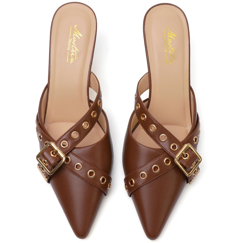 Mostrin Brown Kitten Heels for Women Studded Heeled Mules Pointed Closed Toe Heels Vintage Heels Slip on Stiletto Heels Dressy Pumps Shoes Trendy Heels Size 8 - Image 4