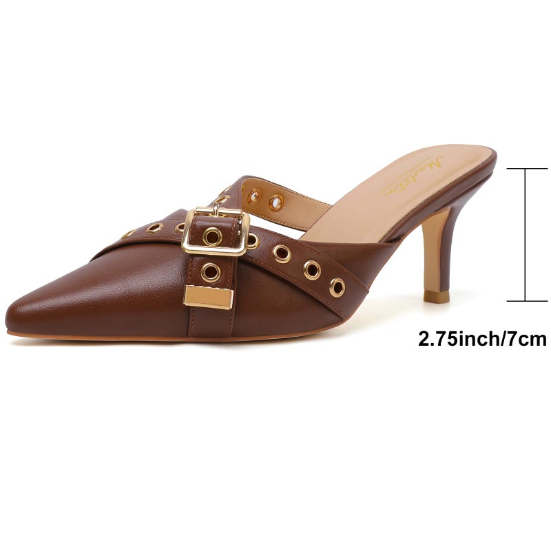 Mostrin Brown Kitten Heels for Women Studded Heeled Mules Pointed Closed Toe Heels Vintage Heels Slip on Stiletto Heels Dressy Pumps Shoes Trendy Heels Size 8 - Image 5