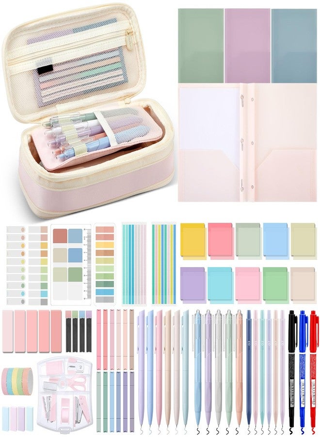 Sinload 72 Pcs Aesthetic School Supplies with Pencil Case 4 Prong Folders 12 Highlighters 20 Mechanical Pencil Pen 500 Sheets Transparent Sticky Note Tabs Stationery for College Office(Pink) - Image 1