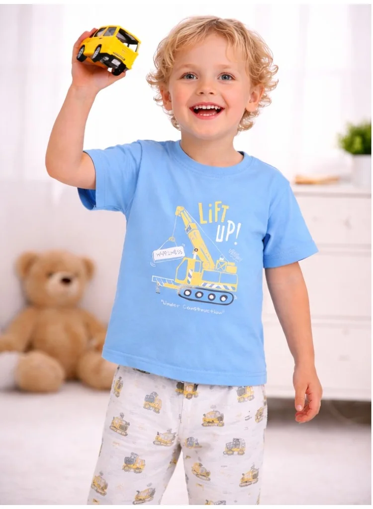 فكتور اند جين Boys Construction Print Cotton Pajama Set – T-Shirt & Full Pants Nightwear