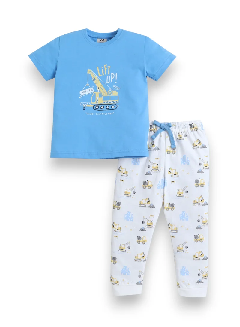 Victor And Jane  Boys Construction Print Cotton Pajama Set – T-Shirt & Full Pants Nightwear for Men | Best Price UAE