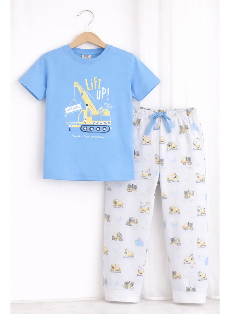 فكتور اند جين Boys Construction Print Cotton Pajama Set – T-Shirt & Full Pants Nightwear