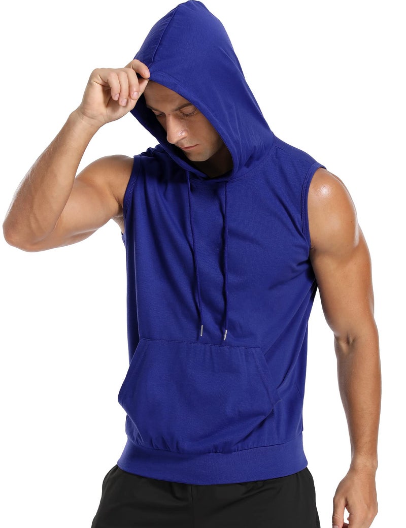 Amussiar Mens Workout Tank Tops with Hood Sleeveless Gym t-Shirt Muscles Tees Athletic Pockets Blue - Image 2