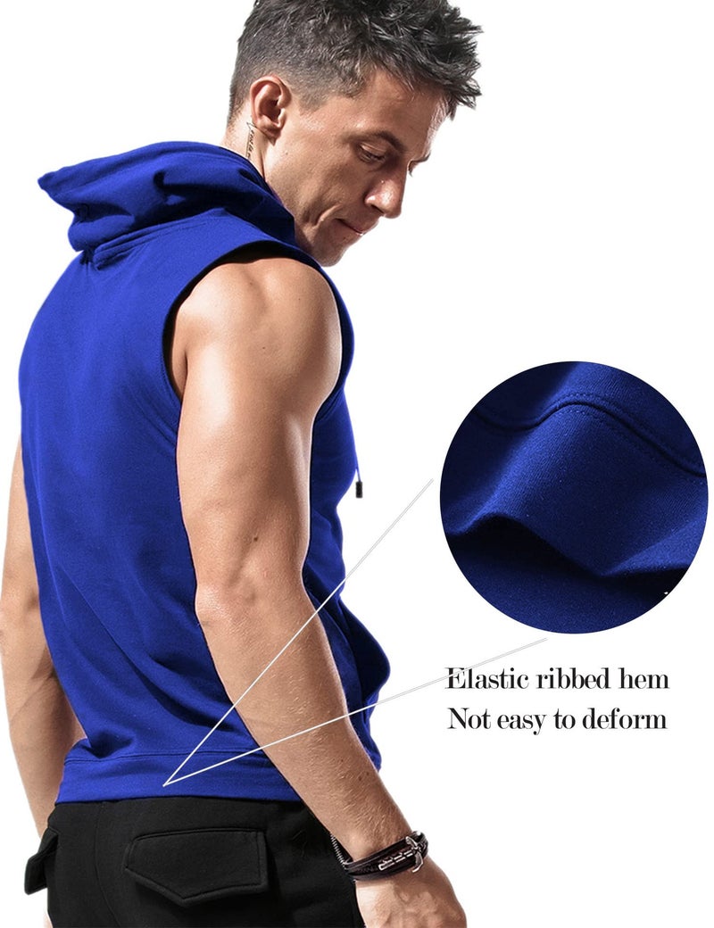 Amussiar Mens Workout Tank Tops with Hood Sleeveless Gym t-Shirt Muscles Tees Athletic Pockets Blue - Image 3