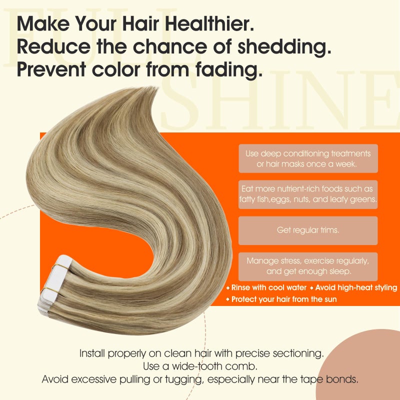 Full Shine Tape in Hair Extensions 20 Inch Human Hair Tape in Extensions Remy Hair Color 16/22 Golden Blonde Highlighted Light Blonde Hair Extensions Real Human Hair 50G 20Pcs Seamless Skin Weft Hair - Image 3