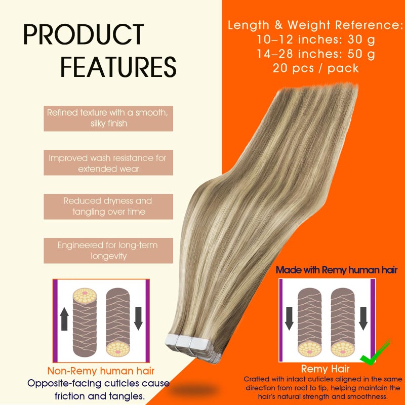 Full Shine Tape in Hair Extensions 20 Inch Human Hair Tape in Extensions Remy Hair Color 16/22 Golden Blonde Highlighted Light Blonde Hair Extensions Real Human Hair 50G 20Pcs Seamless Skin Weft Hair - Image 2
