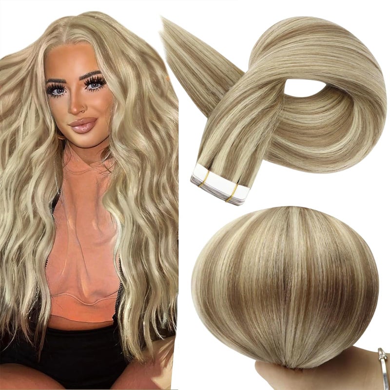 Full Shine Tape in Hair Extensions 20 Inch Human Hair Tape in Extensions Remy Hair Color 16/22 Golden Blonde Highlighted Light Blonde Hair Extensions Real Human Hair 50G 20Pcs Seamless Skin Weft Hair - Image 1