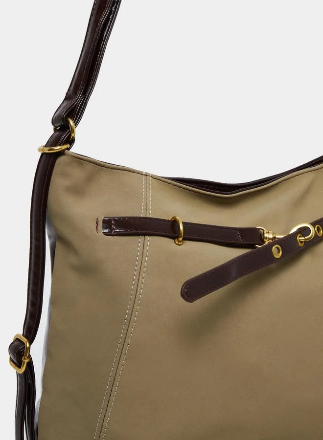 Styli Styli Khaki Shoulder Bag with Brown Leather Detail