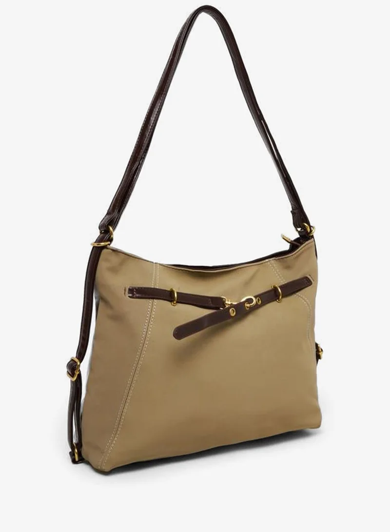 Styli Styli Khaki Shoulder Bag with Brown Leather Detail