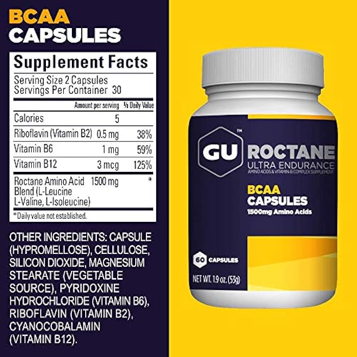 GU Energy Roctane Ultra Endurance Branch Chain Amino Acid and Vitamin B Exercise Recovery Capsules,Informed Choice, Energy for Before, During or After Any Workout, 60-Count Bottle - Image 2