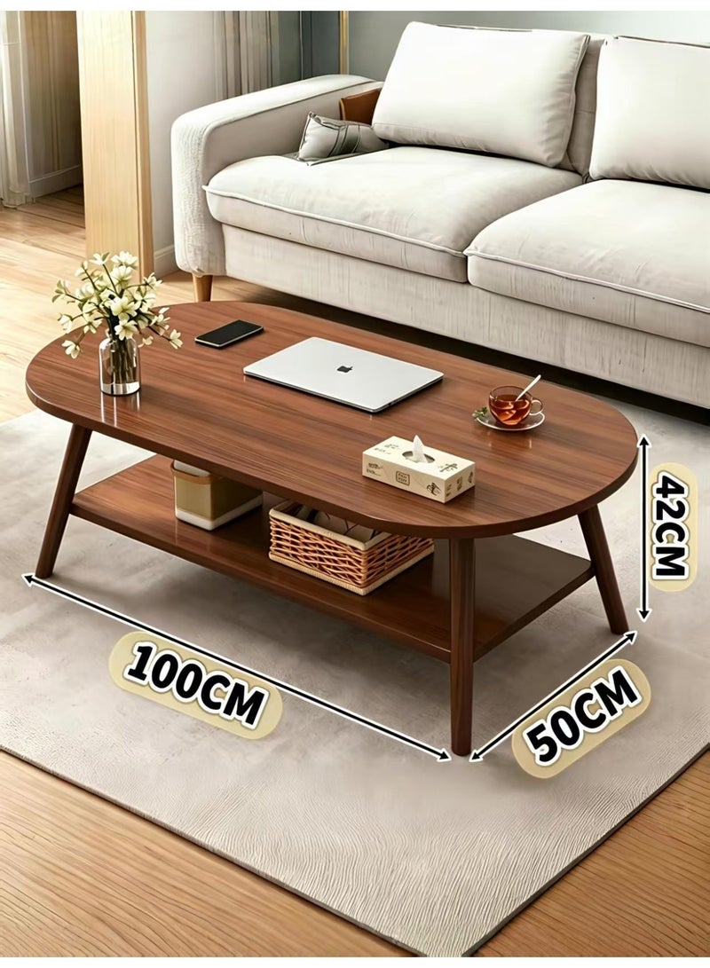ChenDa Double-Layer Solid Wood Oval Coffee Table with Rounded Anti-Collision Corners, Modern Living Room Table, Suitable for Living Rooms & Offices - 100×50×42cm, Walnut Color - Image 2