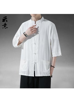 Generic Vintage Mens Linen Tang Suit Short Sleeves Hanfu Cotton Linen Monk Robe Half Sleeve Tea Robe White [high quality]] 