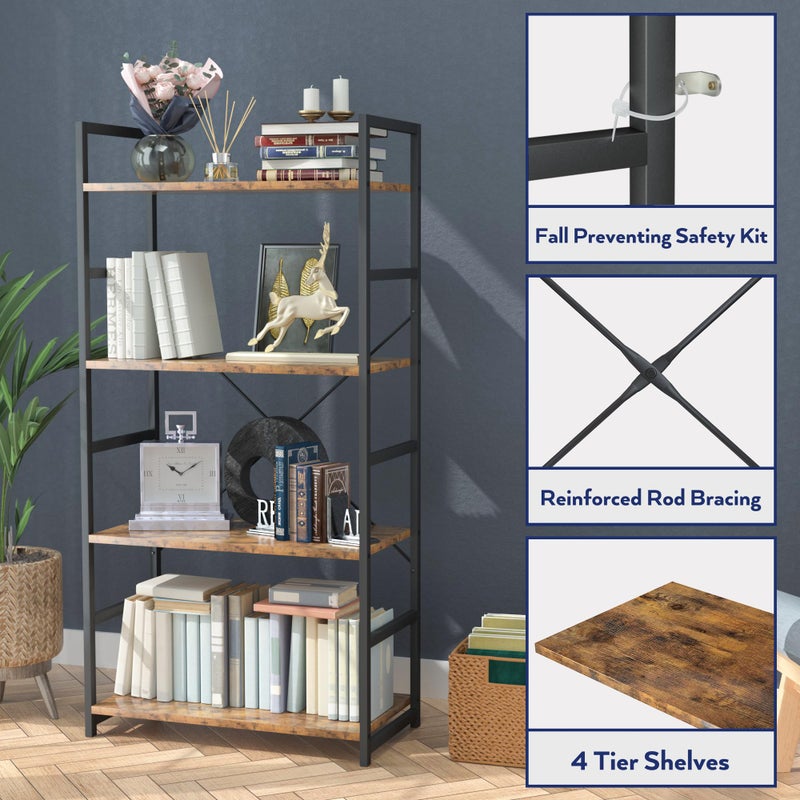 NUMENN 4 Tier Bookshelf, Tall Bookcase Shelf Storage Organizer, Modern Book Shelf for Bedroom, Living Room and Home Office, Vintage - Image 5