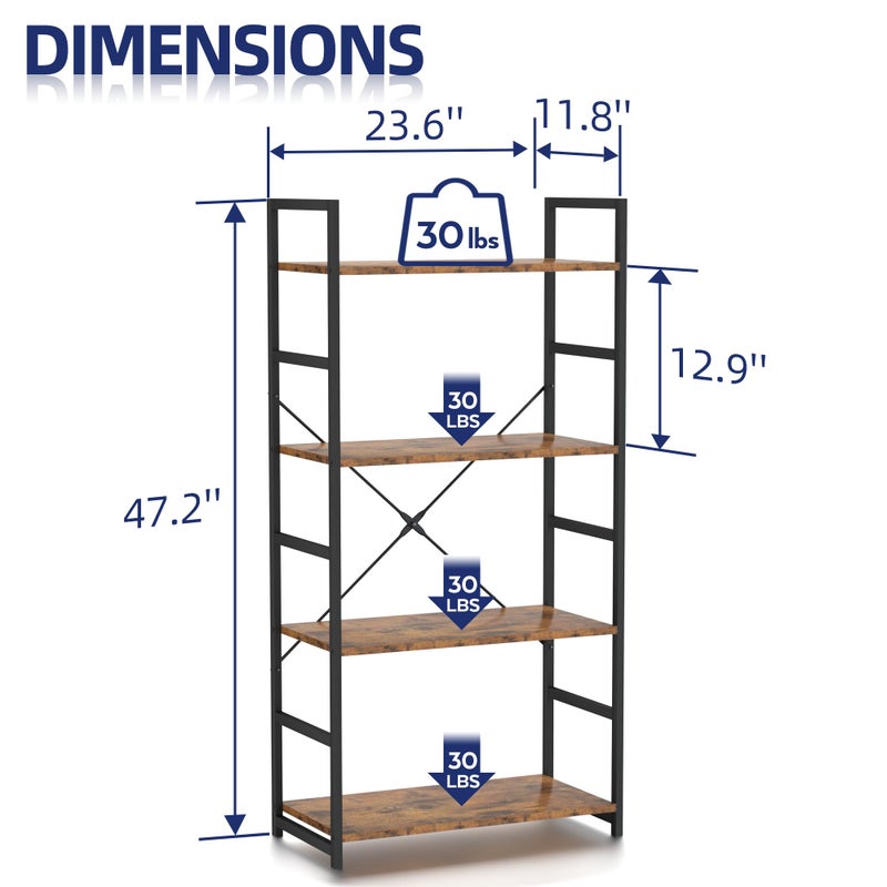 NUMENN 4 Tier Bookshelf, Tall Bookcase Shelf Storage Organizer, Modern Book Shelf for Bedroom, Living Room and Home Office, Vintage - Image 3
